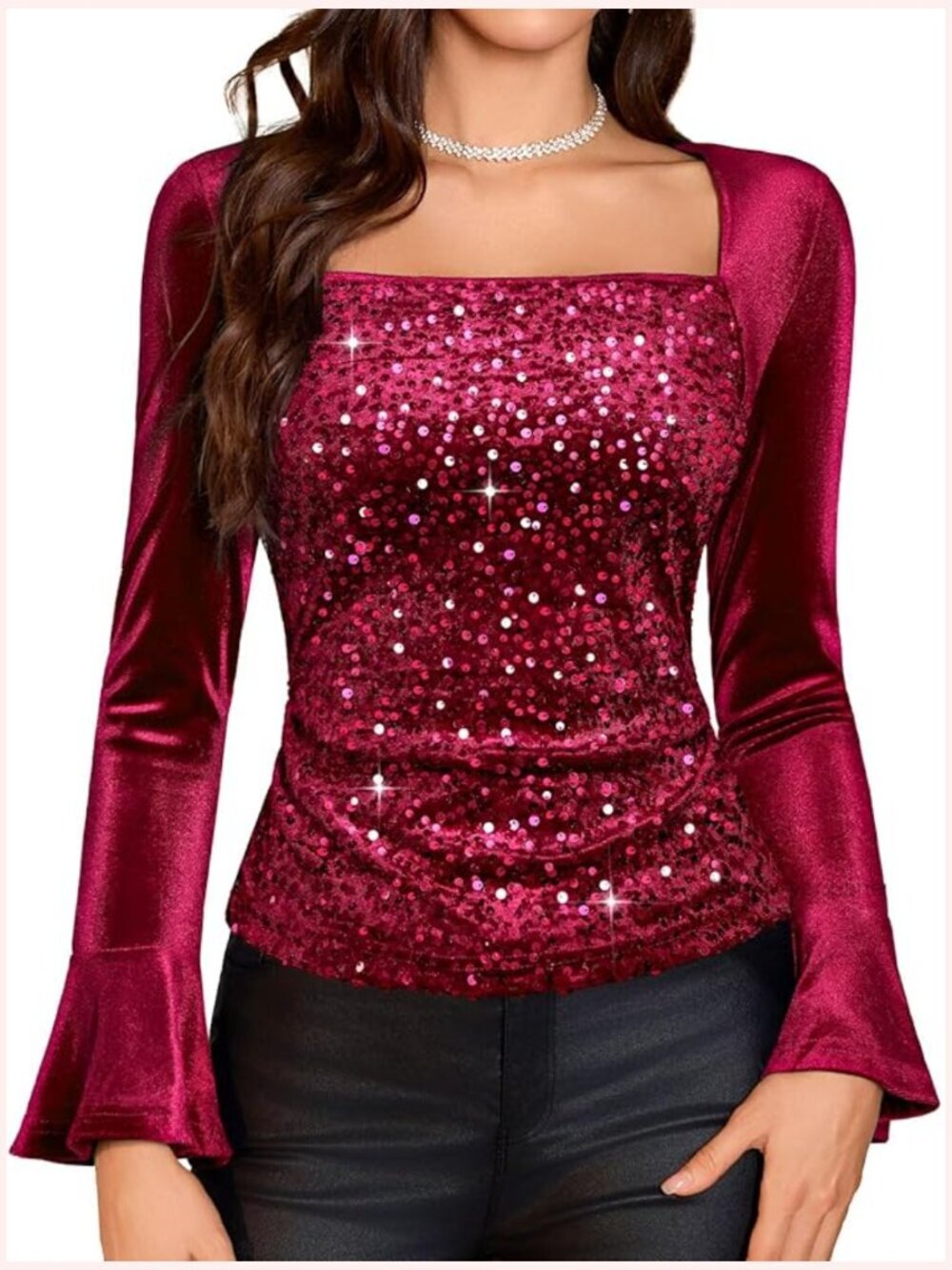 Long Sleeve Sequin Velvet Boat Neck Party Top Blouse Sparkly Shiny Holiday